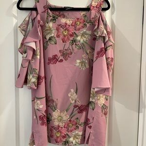 City Chic Pink Floral Cold Shoulder Ruffle Blouse